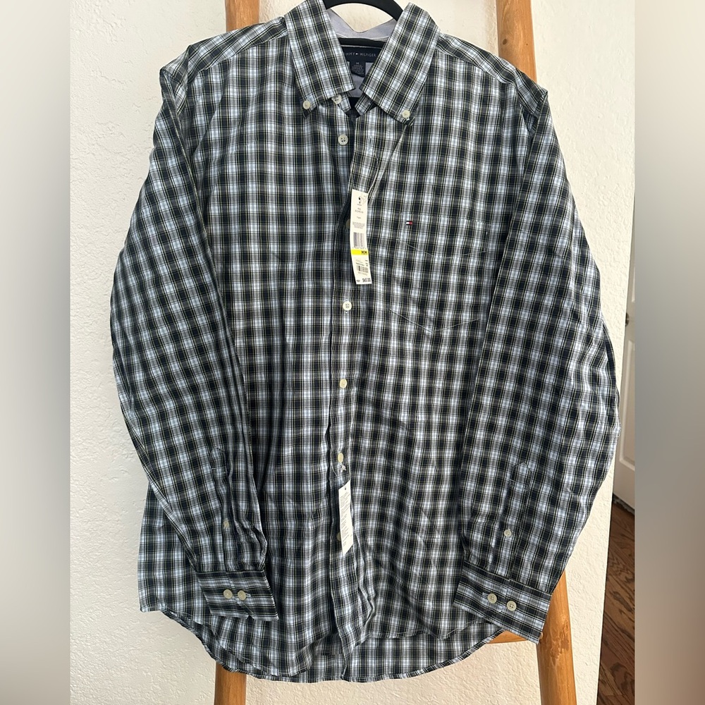 Tommy Hilfiger Men's Blue and White Plaid Shirt
